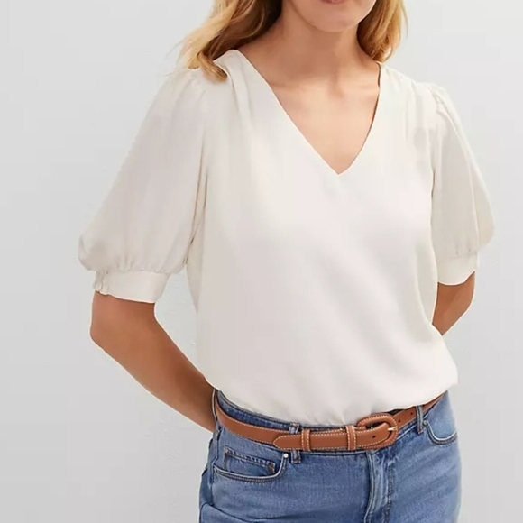 Ann Taylor Cream Puff Sleeve Wrap Blouse - Picture 3 of 8